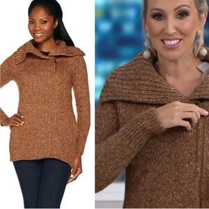 Lisa Rinna Collection Rib Knit Collar Brown Longline Cardigan Large